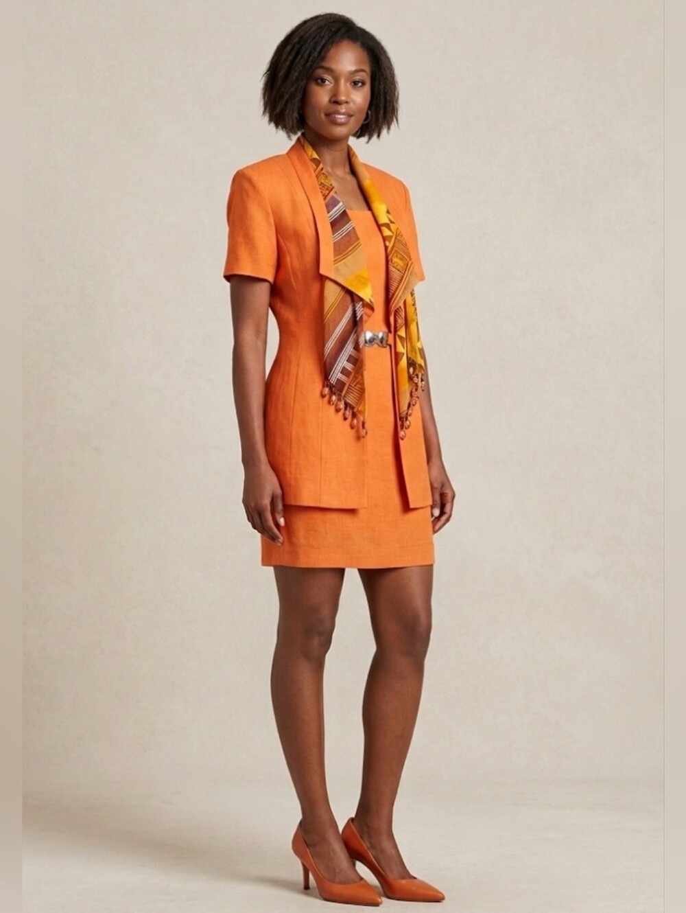 Vintage Linen-blend Farouche Lori Weidner Dress-Suit / Sz 8 / Orange, Rust-Brown